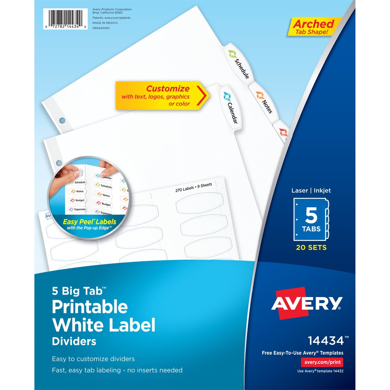 Avery Big Tab Printable White Label Dividers, 5-Tab, AVE14434, White