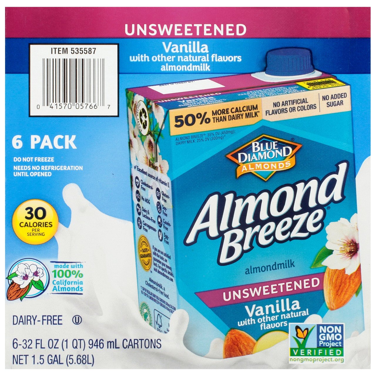 Blue Diamond Almond Breeze Unsweetened Vanilla Almond Milk, 6 Pack, 32 fl oz