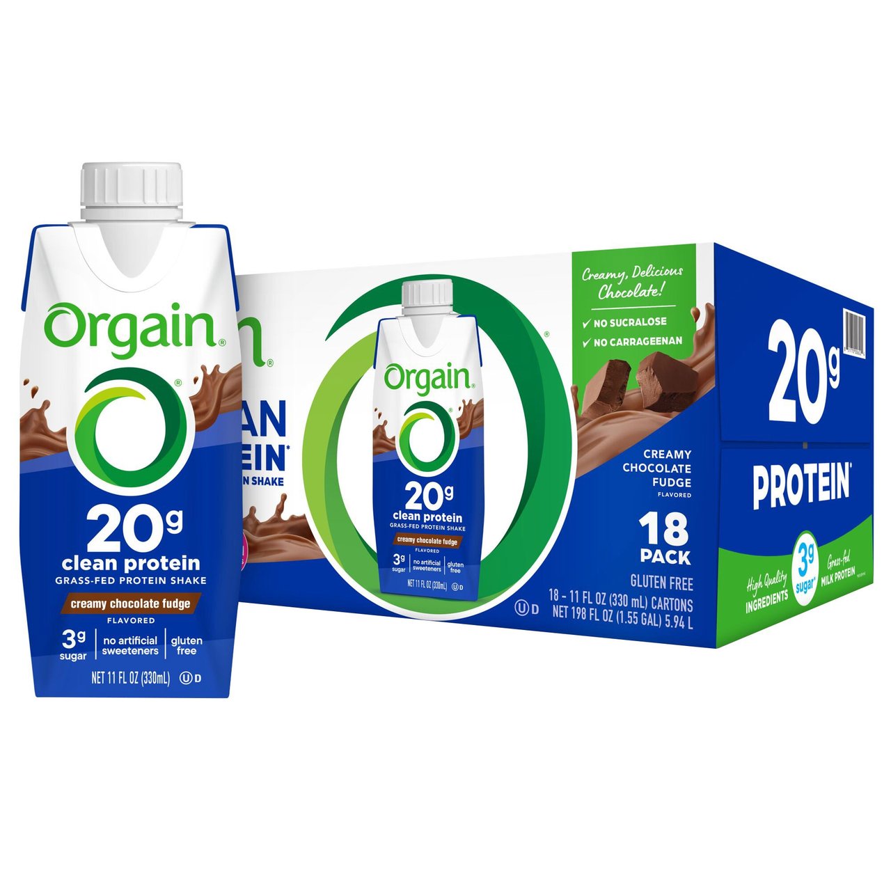 Orgain Clean Protein Shake, Grass-Fed, 20g Protein, Creamy Chocolate Fudge, 11 fl oz, 18 ct - Image 1
