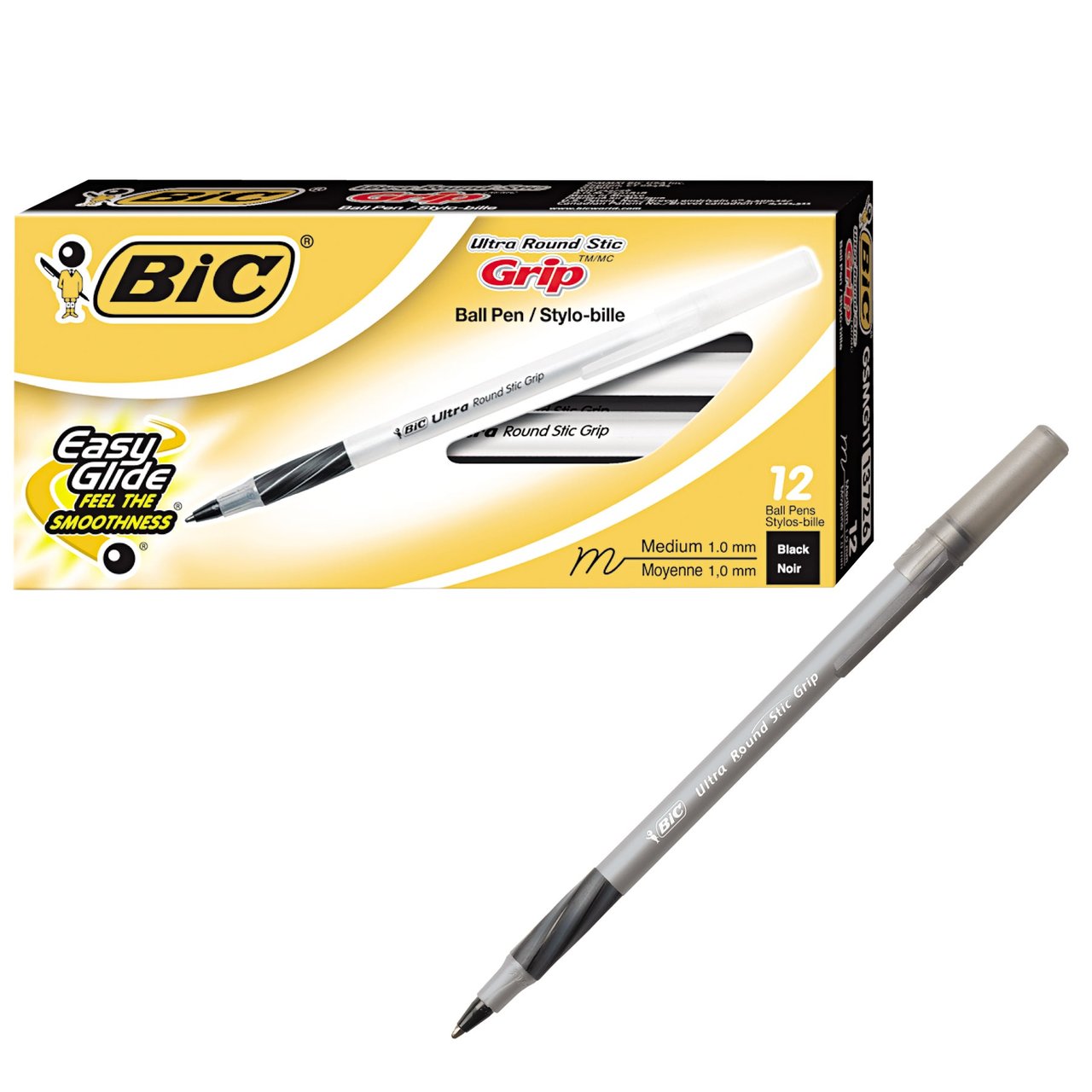 BIC Round Stic Grip Black Ballpoint Pen BICGSMG11BK, 12-Count