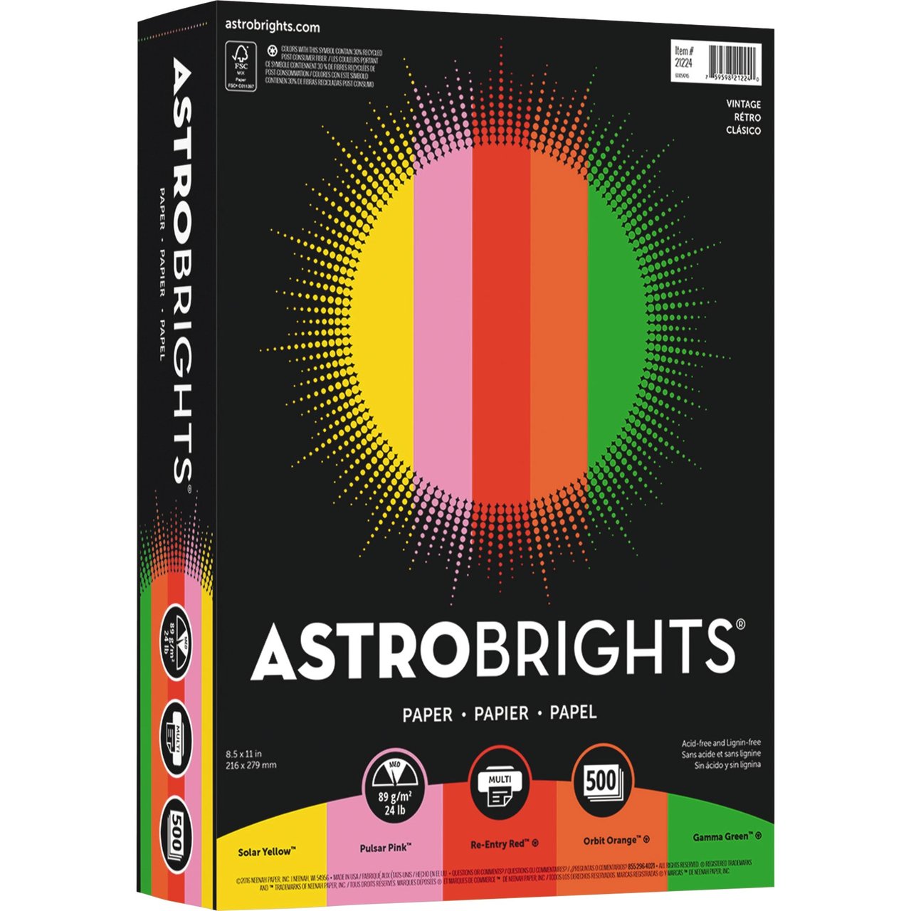 Astrobrights Colored Paper, Letter Size, 24 lb / 60 lb, Assortment, 500 Sheets/Ream (WAU21224) - Image 1