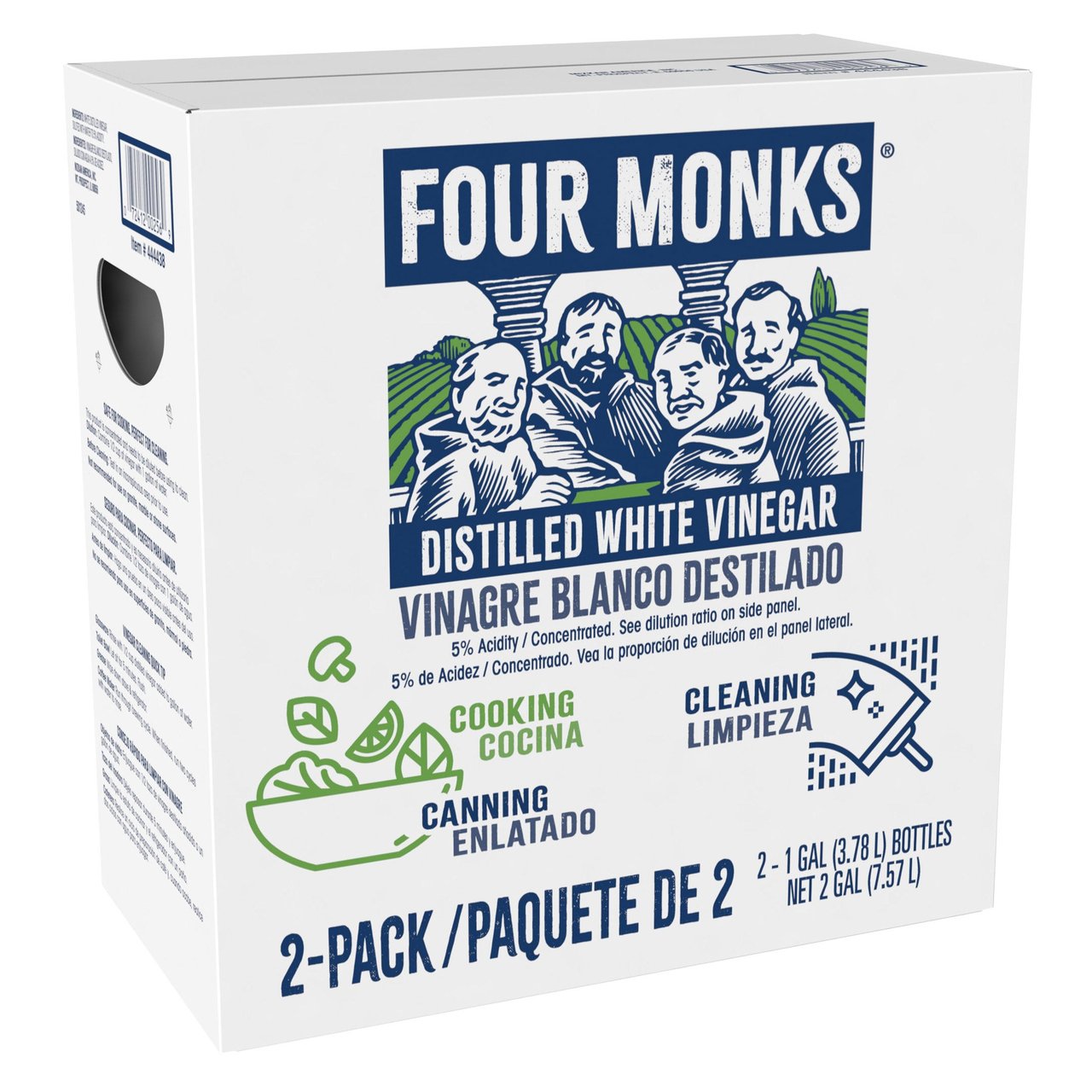 Four Monks Distilled White Vinegar, 2 Pack, 1 Gallon Each