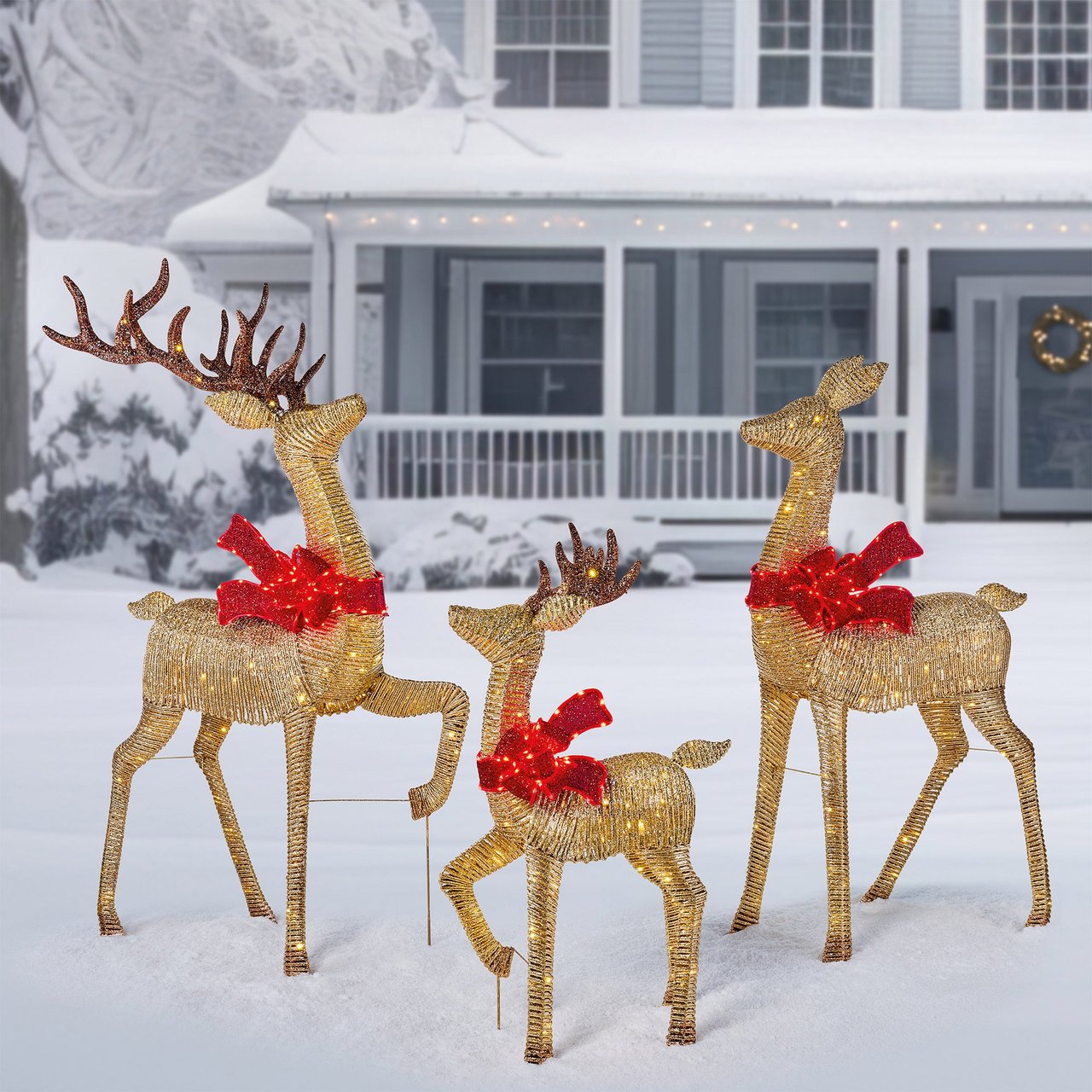 OUTDOOR GOLD DEER FAMILY WITH LED LIGHTS SET OF 3 - Image 1