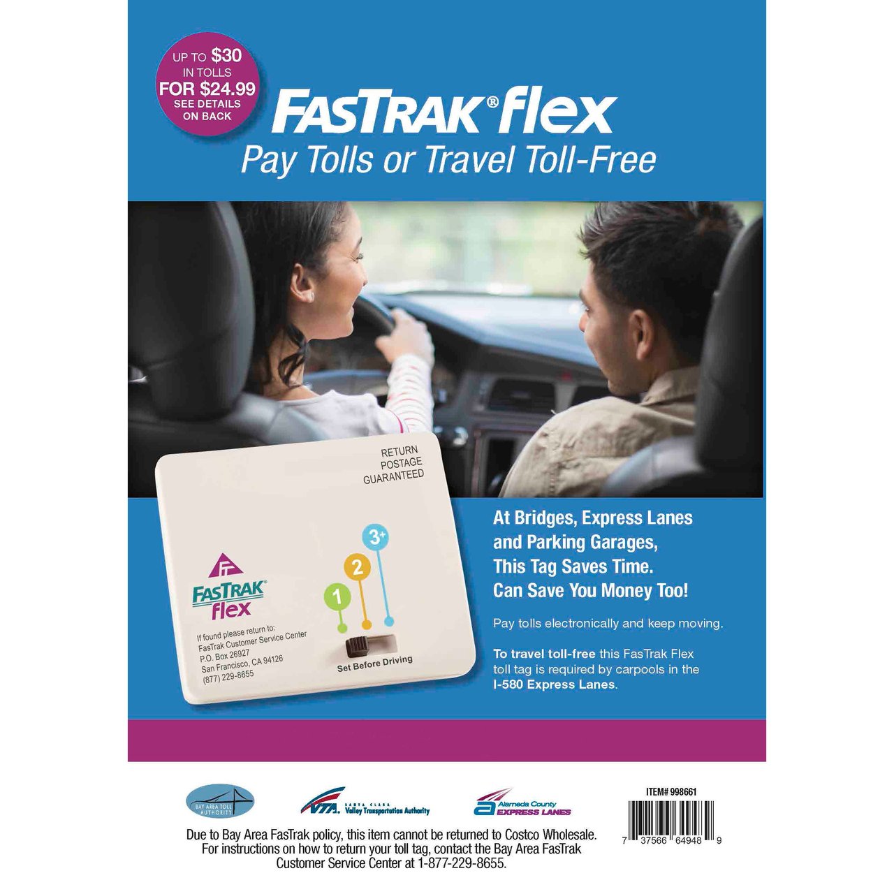 I-580 HOV Lane FasTrak Flex Transponder with $30.00 Pre-Paid Tolls