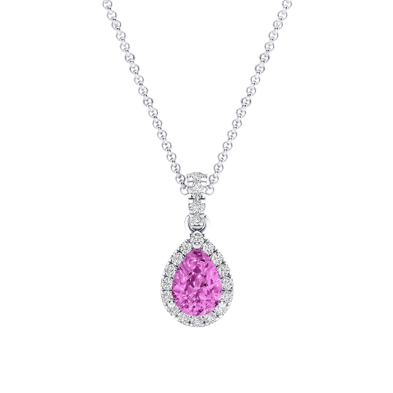 7x5mm Pear Shape Pink Sapphire 0.17 CTW Diamond 18KT White Gold Pendant - Image 1