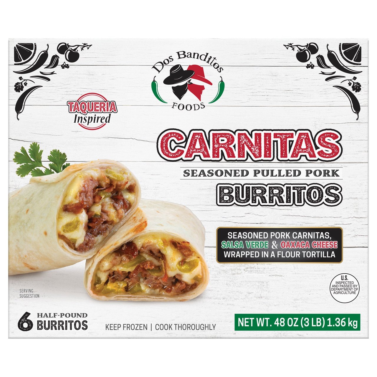 Dos Banditos Carnitas Seasoned Pulled Pork Burritos, 6 x 8 oz - Image 1