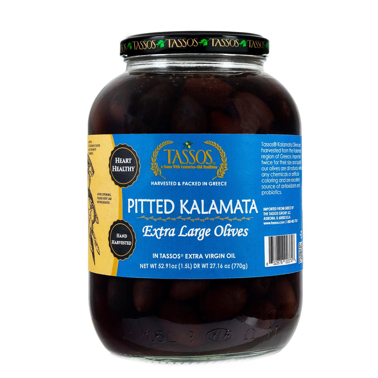 Tassos Pitted Kalamata Olives 27.16 oz Jar - Image 1