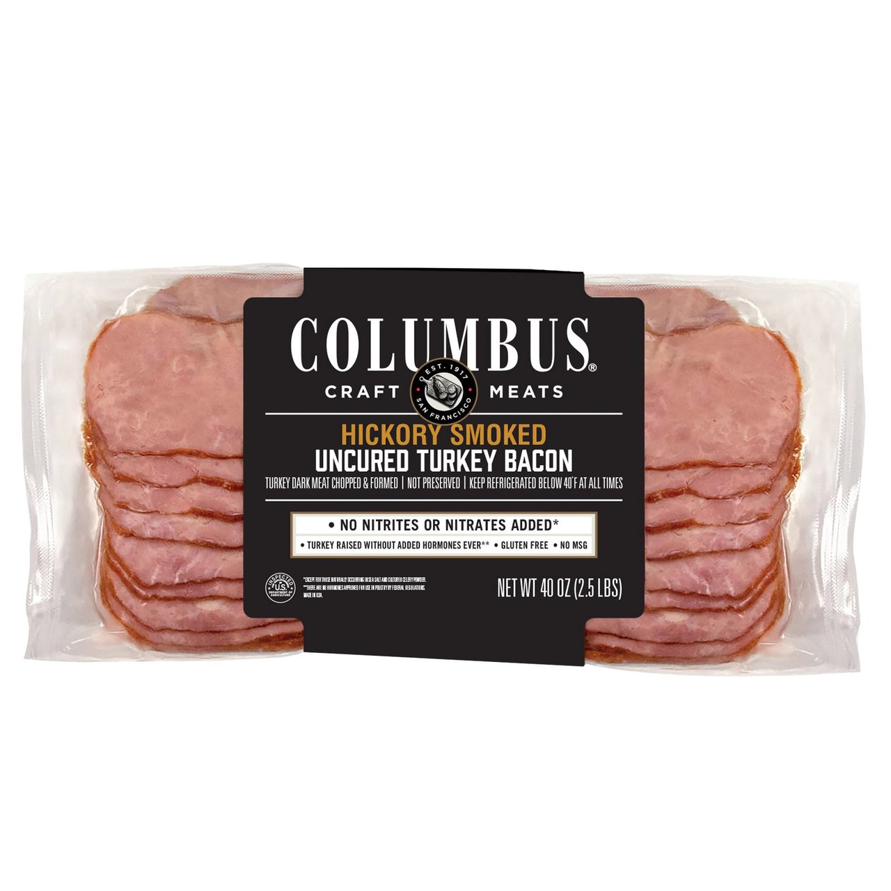 Columbus Hickory Smoked Uncured Turkey Bacon 4/10 oz (2.5 lb) - Image 1