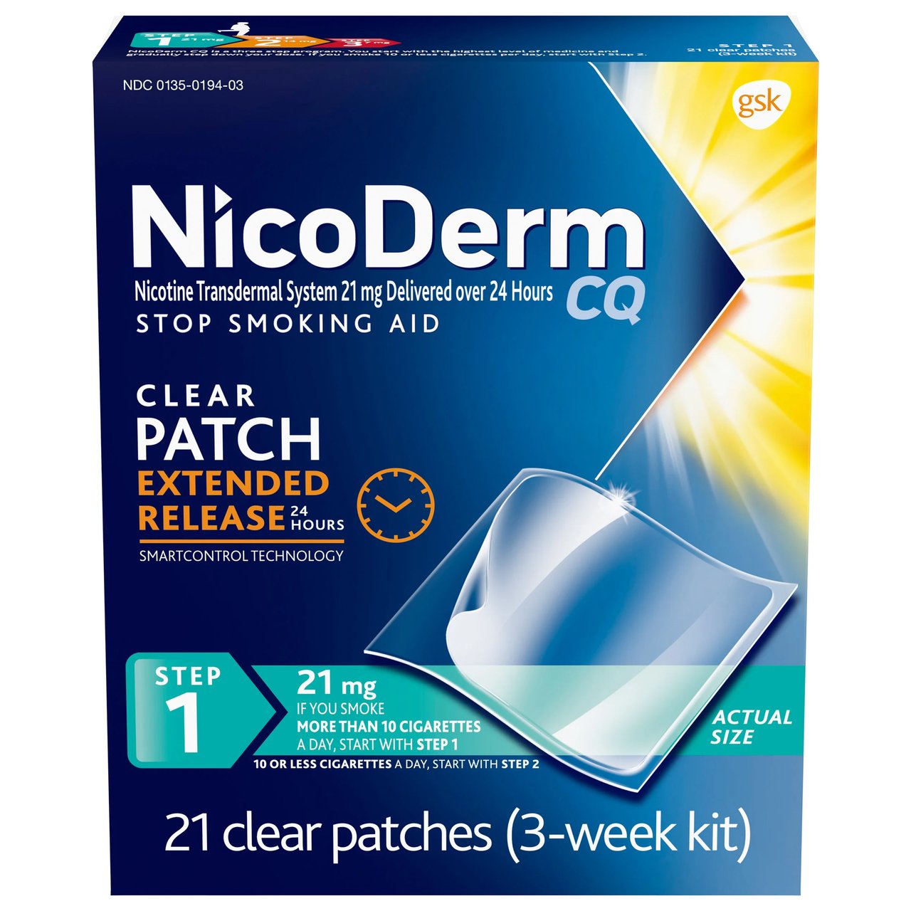 NicoDerm CQ Clear 21mg Patch Step 1, 21 Count - Image 1