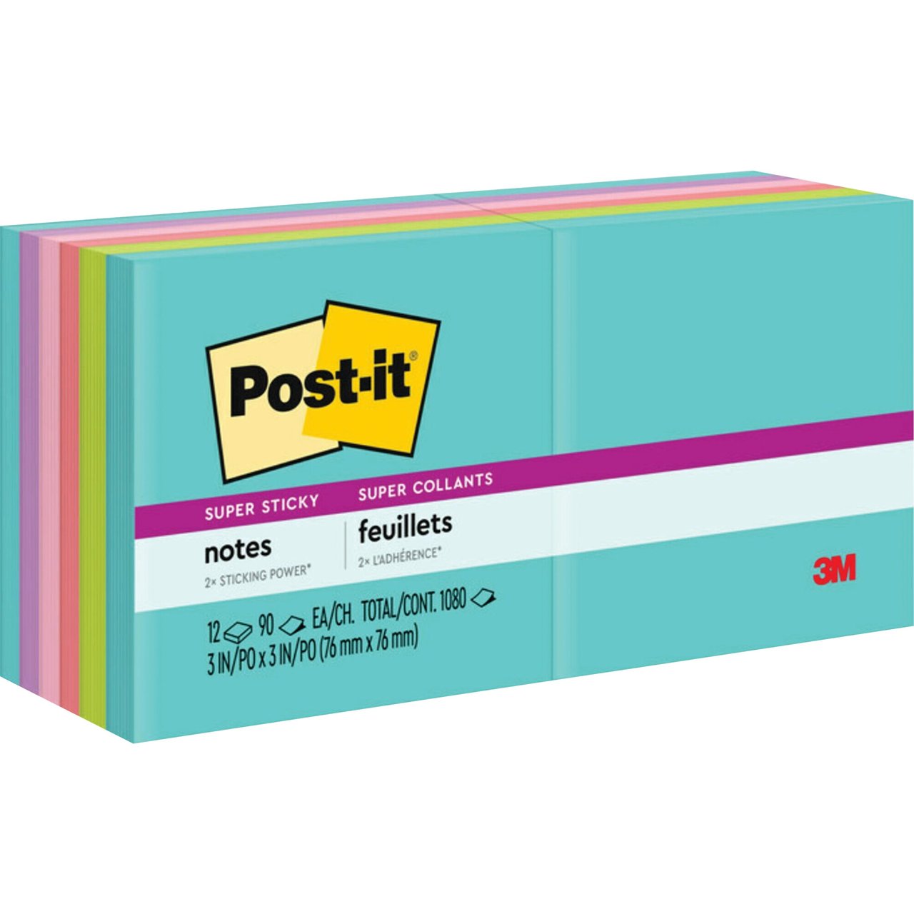 Post-it Super Sticky Notes, 3" x 3", Miami Colors, 12 Pads, 90 Sheets - Image 1