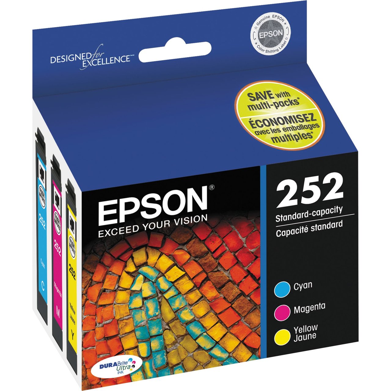 Epson 252 DURABrite Ultra Ink Cartridges, Cyan/Magenta/Yellow, 3-Pack (T252520-S)