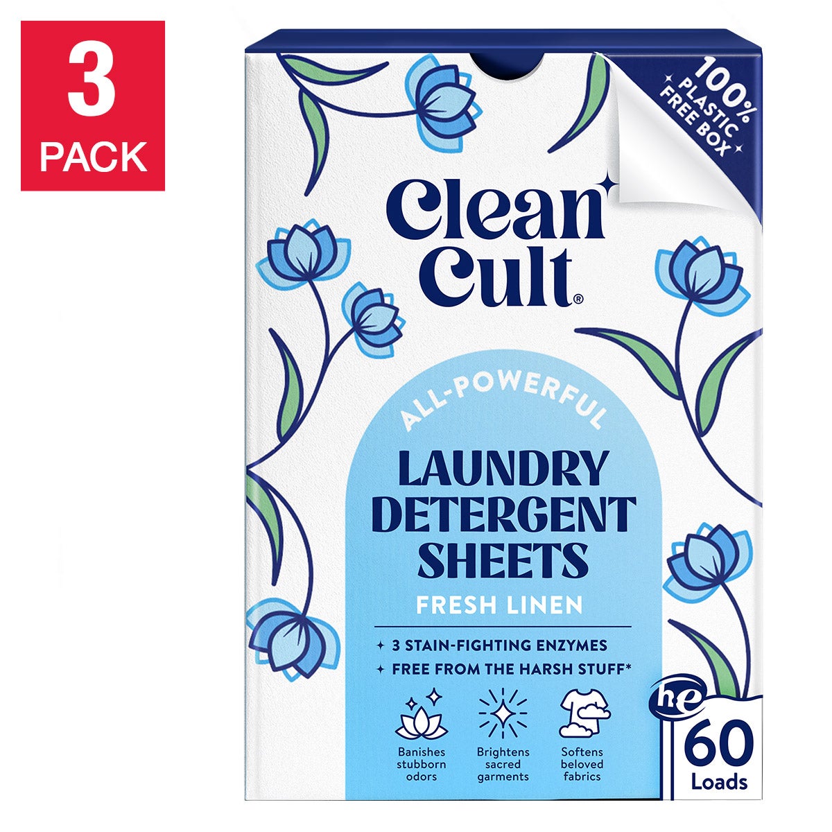 Cleancult Laundry Detergent Sheets, Fresh Linen, 180 Loads (3 Boxes) - Image 1