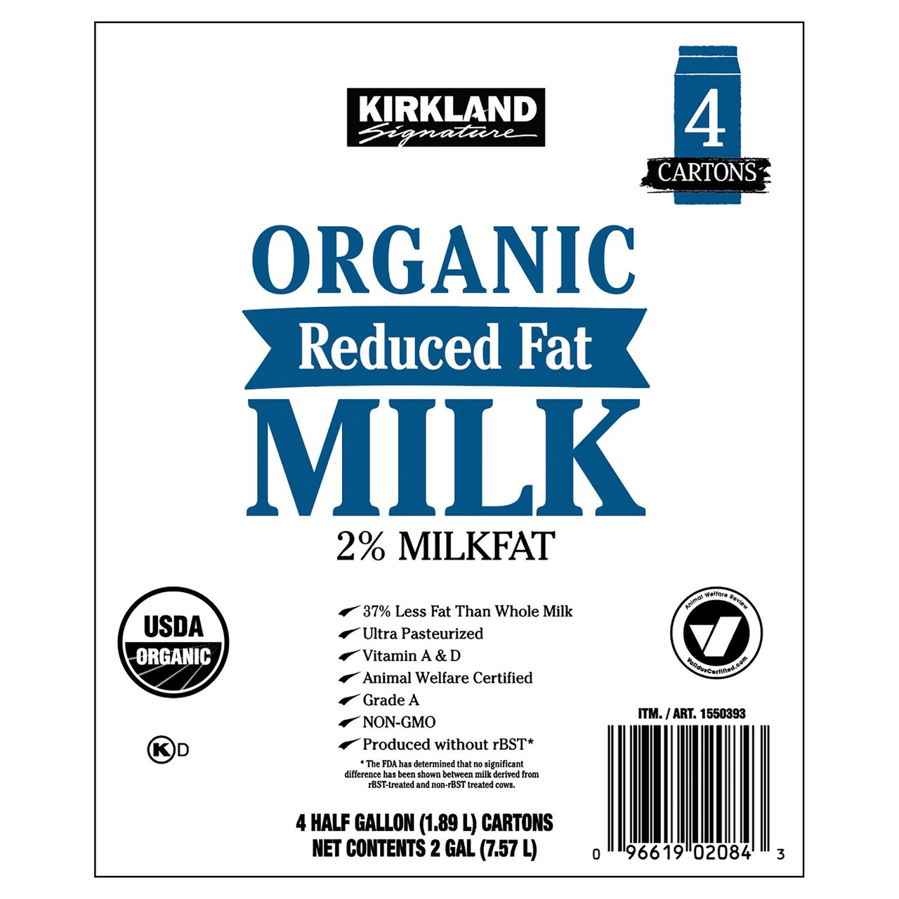 Kirkland Signature Organic 2% Milk, 4 Half-Gallon Cartons - Image 1