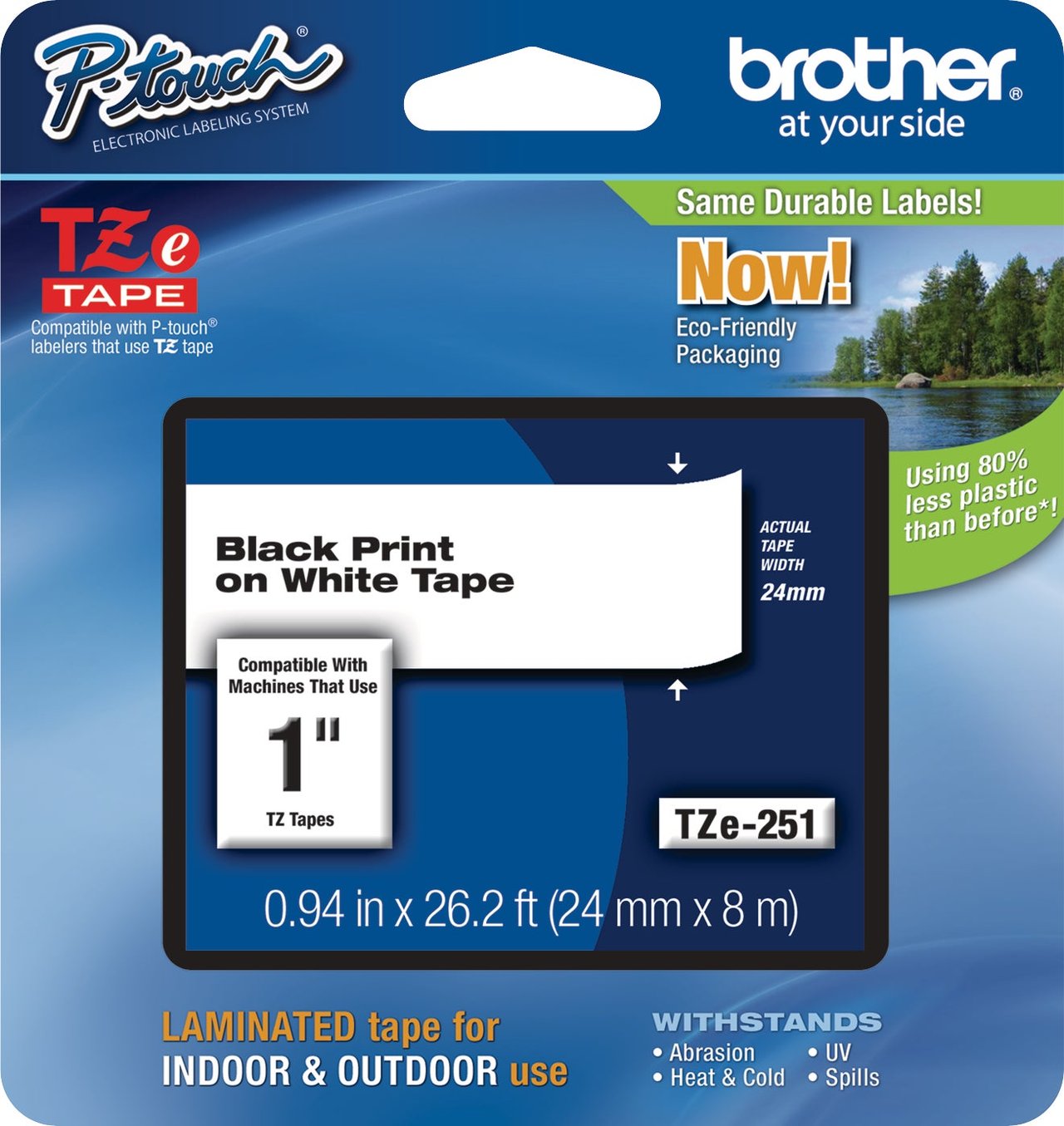 Brother P-Touch TZE-251 1" Black on White Label Tape