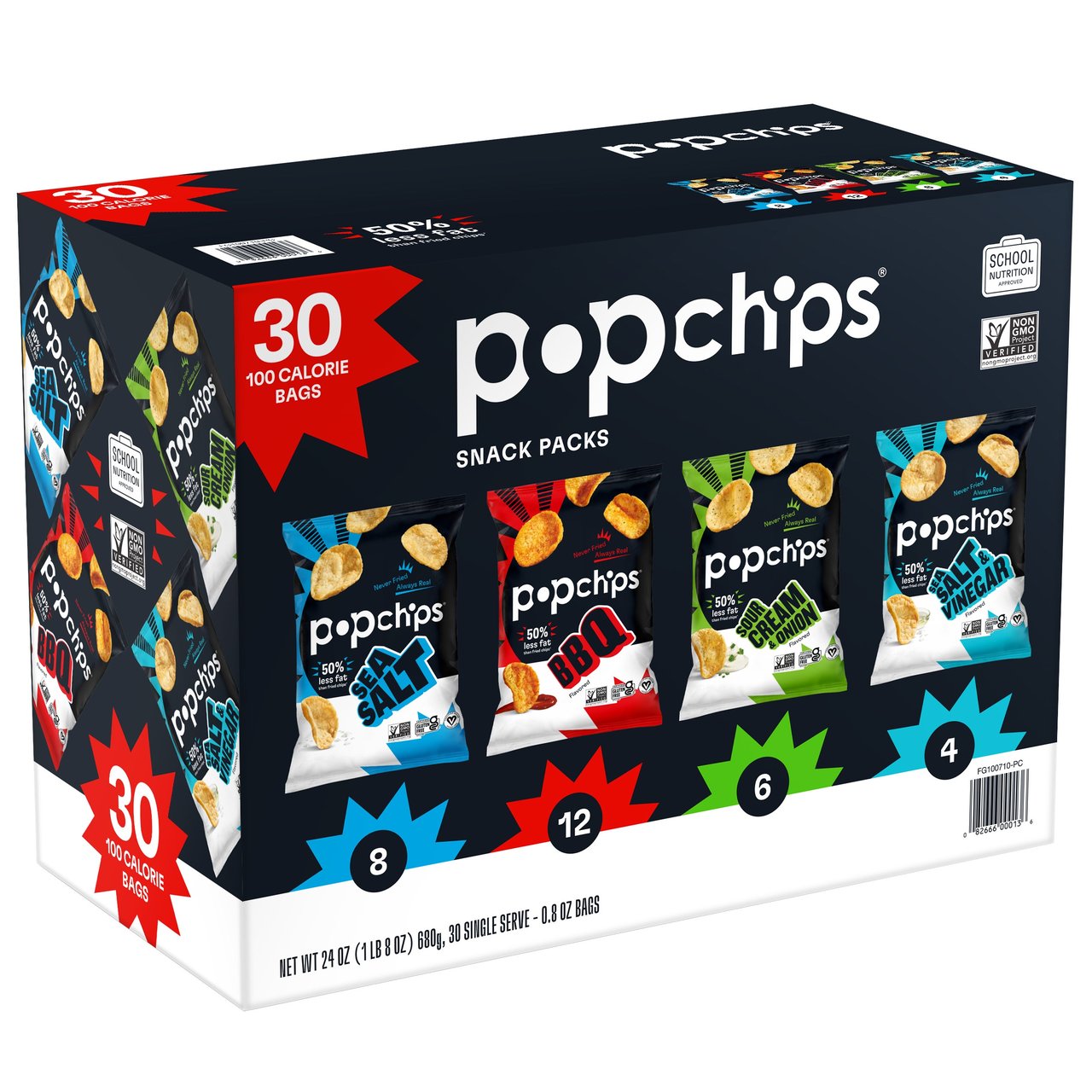 Popchips Potato Chips Snack Packs, Variety Pack, 0.8 oz, 30 Count - Image 1