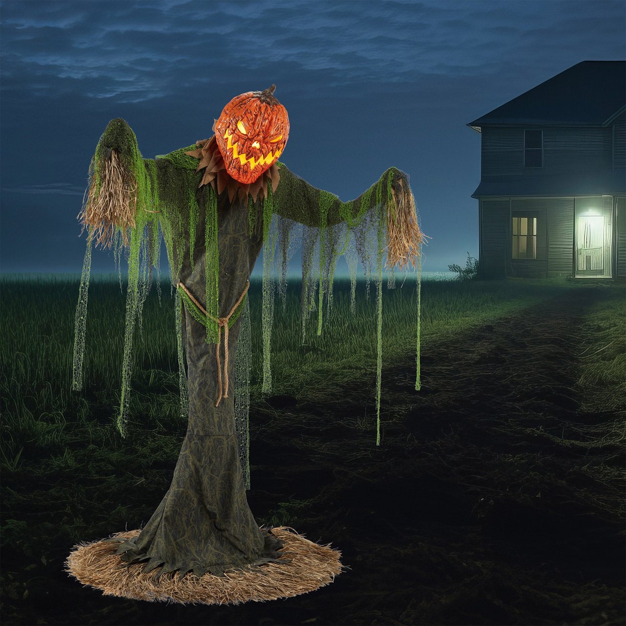 7' Animated Pumpkin Scarecrow with Lights and Sound - Image 1