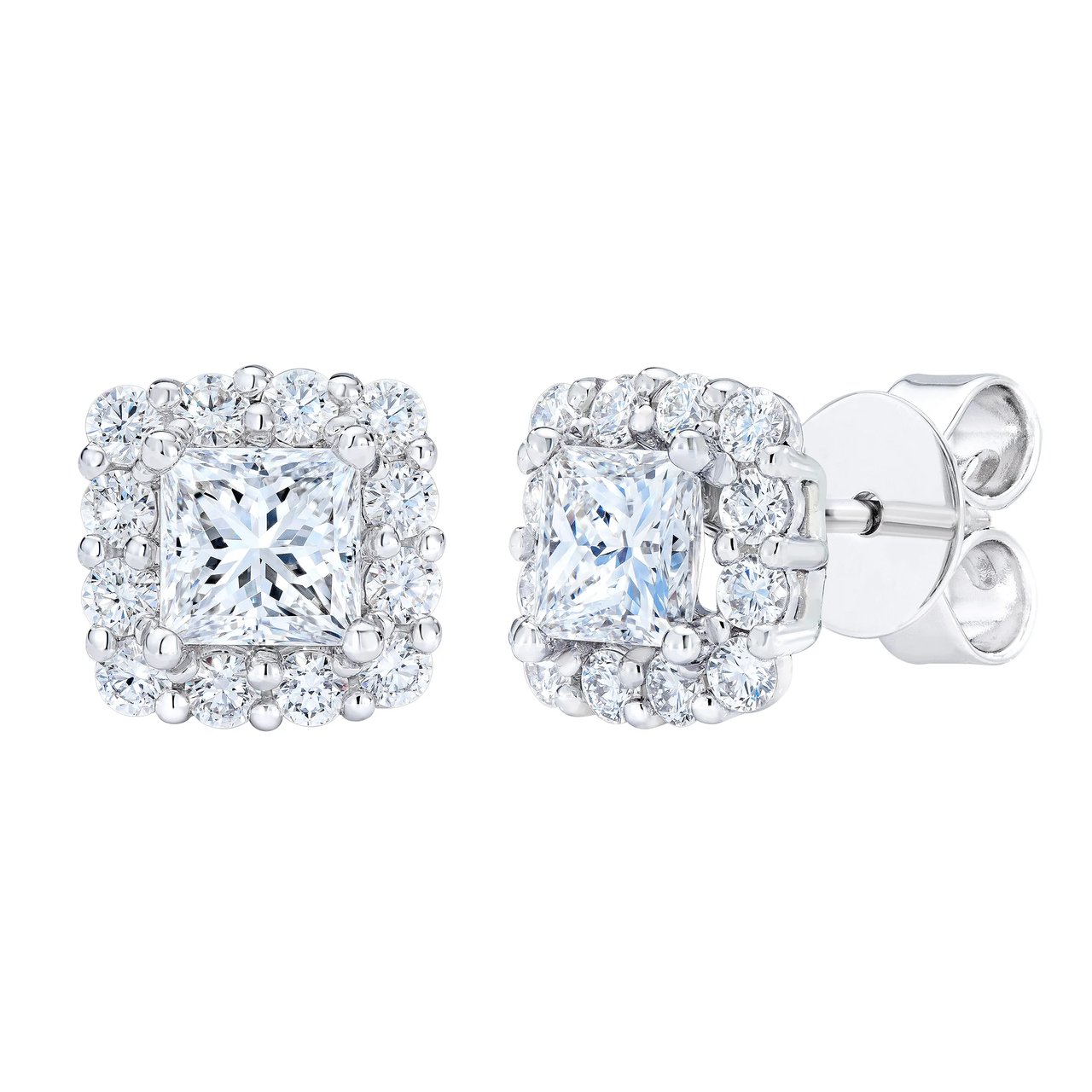 14KT White Gold VS2 G 1.50CTW Princess Cut Diamond Halo Stud Earrings - Image 1
