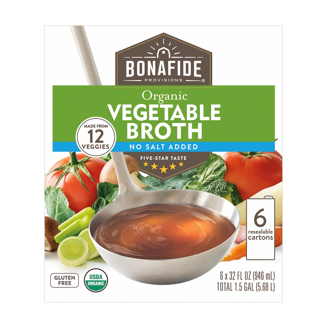 Bonafide Provisions Organic Vegetable Broth, No Salt Added, 6-Pack of 32 oz Bottles - Image 1