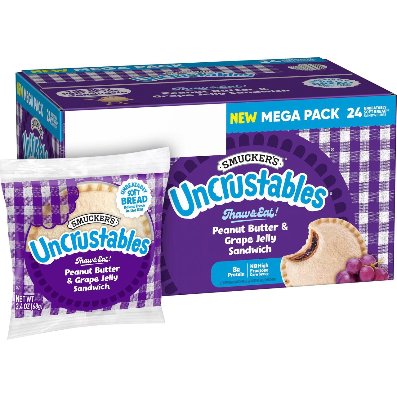 Smucker's Uncrustables Peanut Butter & Grape Jelly Sandwich, 24 Count, 2.4 oz Each - Image 1