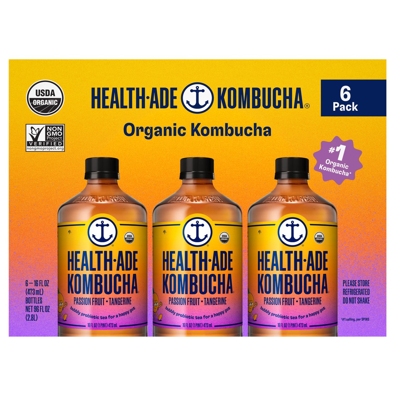 Health-Ade Organic Kombucha Passion Fruit Tangerine, 6 x 16 FL OZ - Image 1