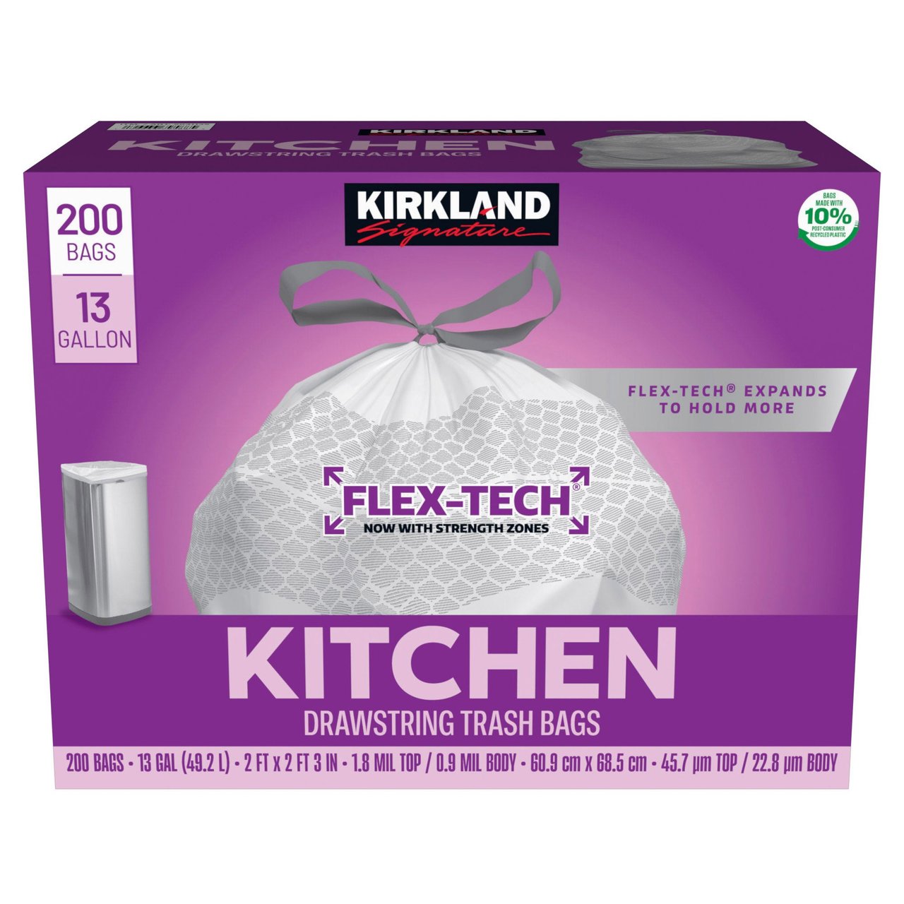 KIRKLAND SIGNATURE 13GAL FLEX BAG 10% PCR .9 MIL 200CT - Image 1