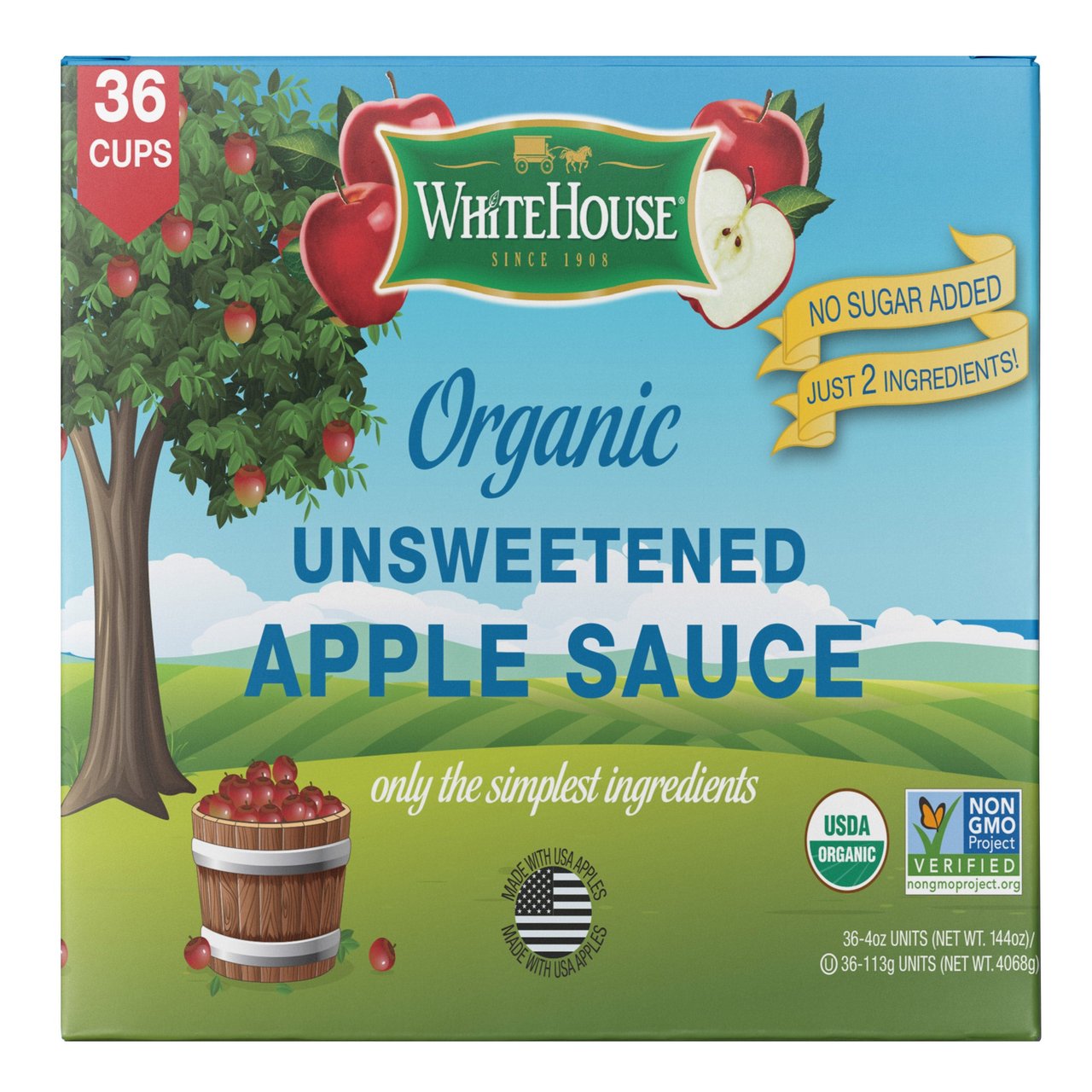 White House Organic Unsweetened Applesauce Cups, 36 x 4 oz (9 lbs) - Image 1