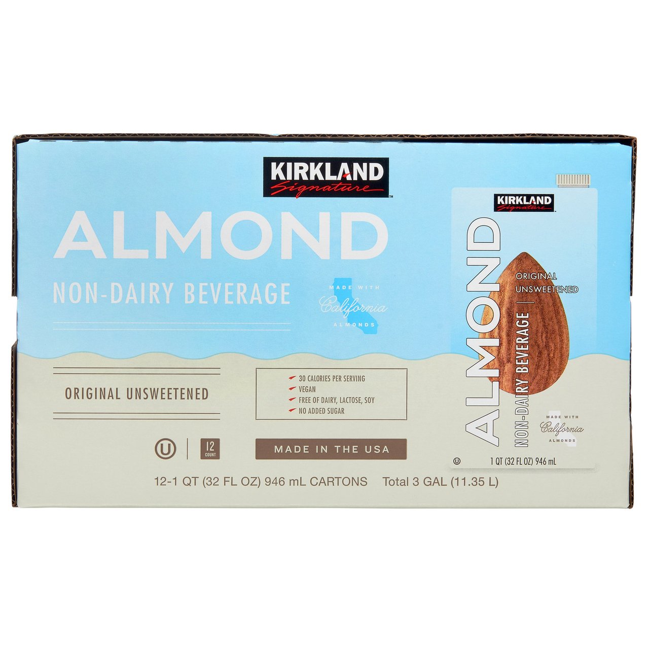 Kirkland Signature Unsweetened Almond Non-Dairy Beverage, 12 x 32 oz Cartons - Image 1