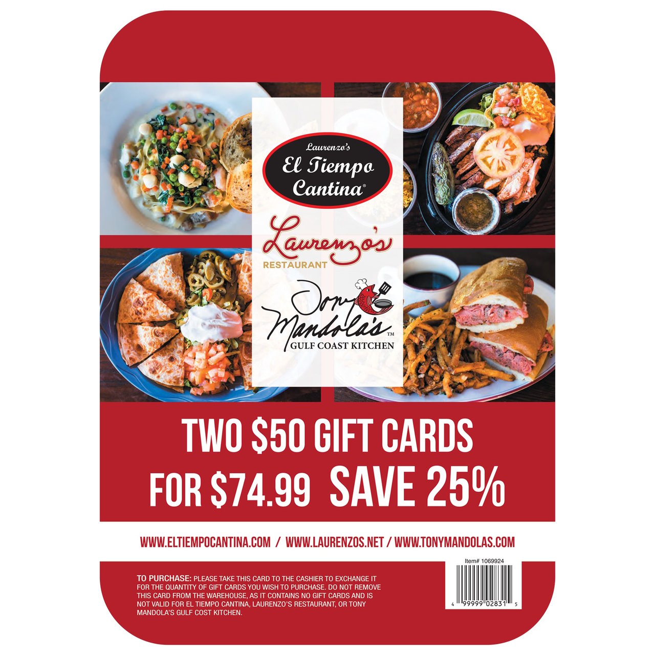 Laurenzo's 2 / $50 Gift Cards (Item is Non-Refundable) - Image 1