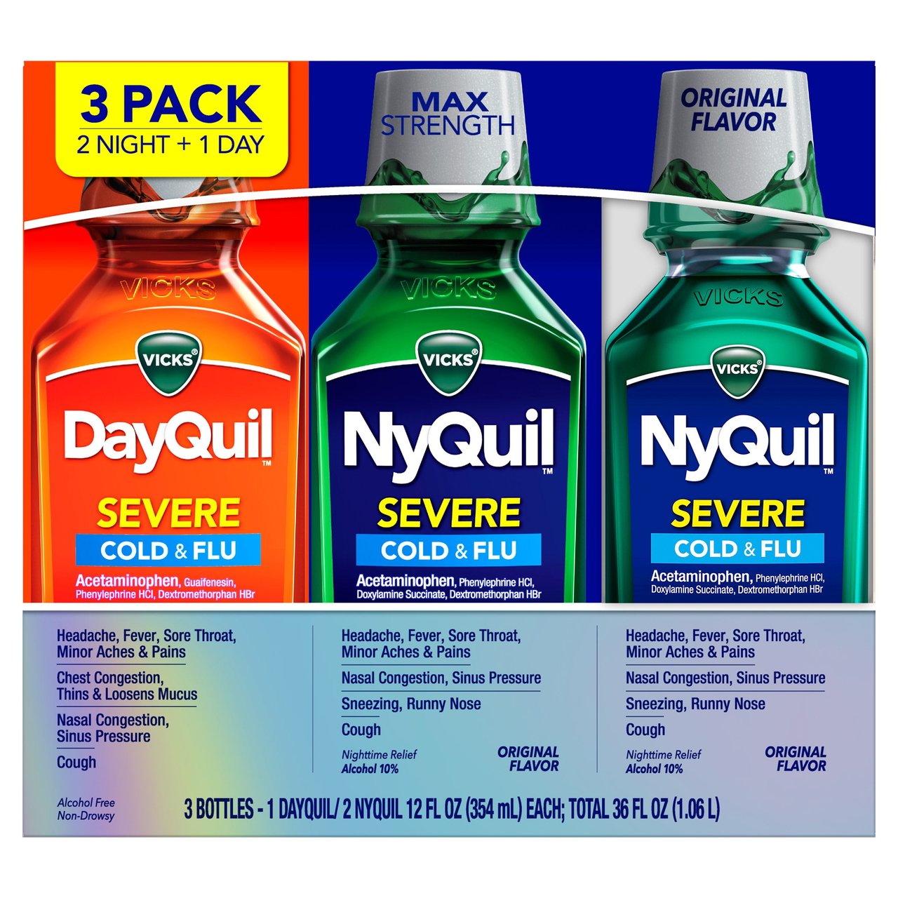 Vicks DayQuil/NyQuil Severe Liquid 3x12 Ounce - Image 1
