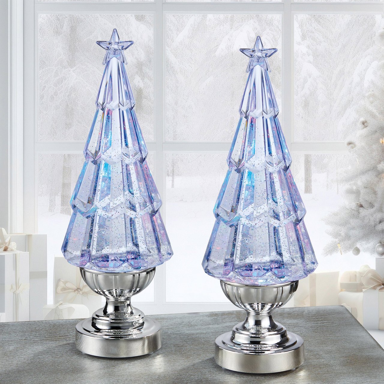 14" Lighted Glitter Tree Lanterns, Set of 2 - Image 1