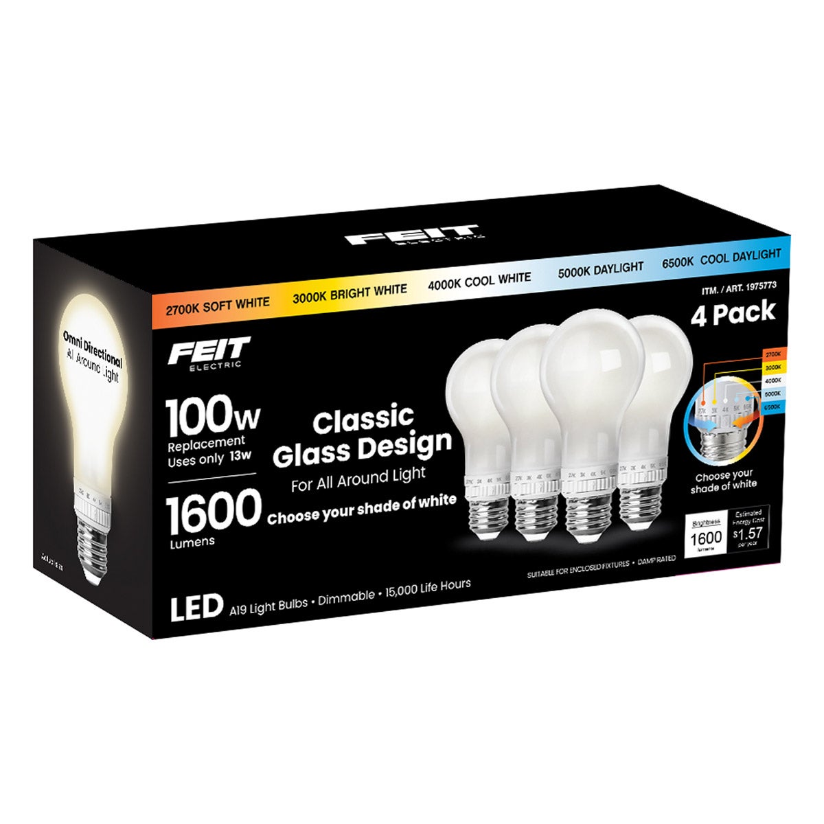 Feit Electric 100W Replacement Glass A21 LED Light Bulb, 5 CCT, 4-Pack