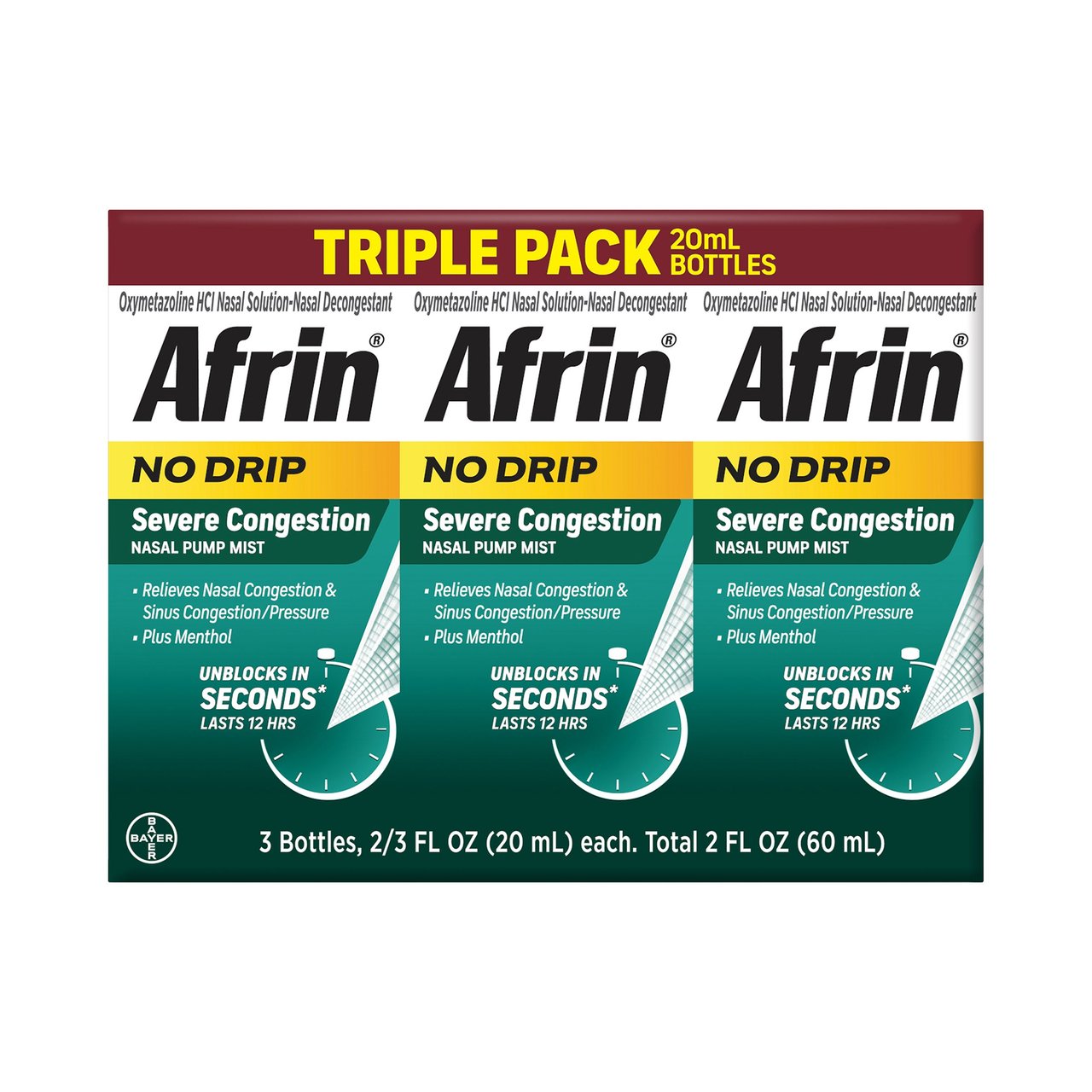 Afrin No Drip Severe Congestion 12-Hour Nasal Pump Mist 3x20ml - Image 1