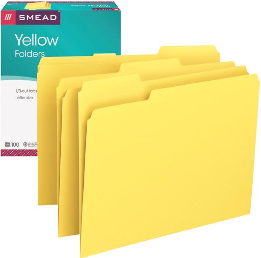 Smead Colored File Folders, 1/3-Cut Tab, Letter Size, Yellow, 100-Count - Image 1