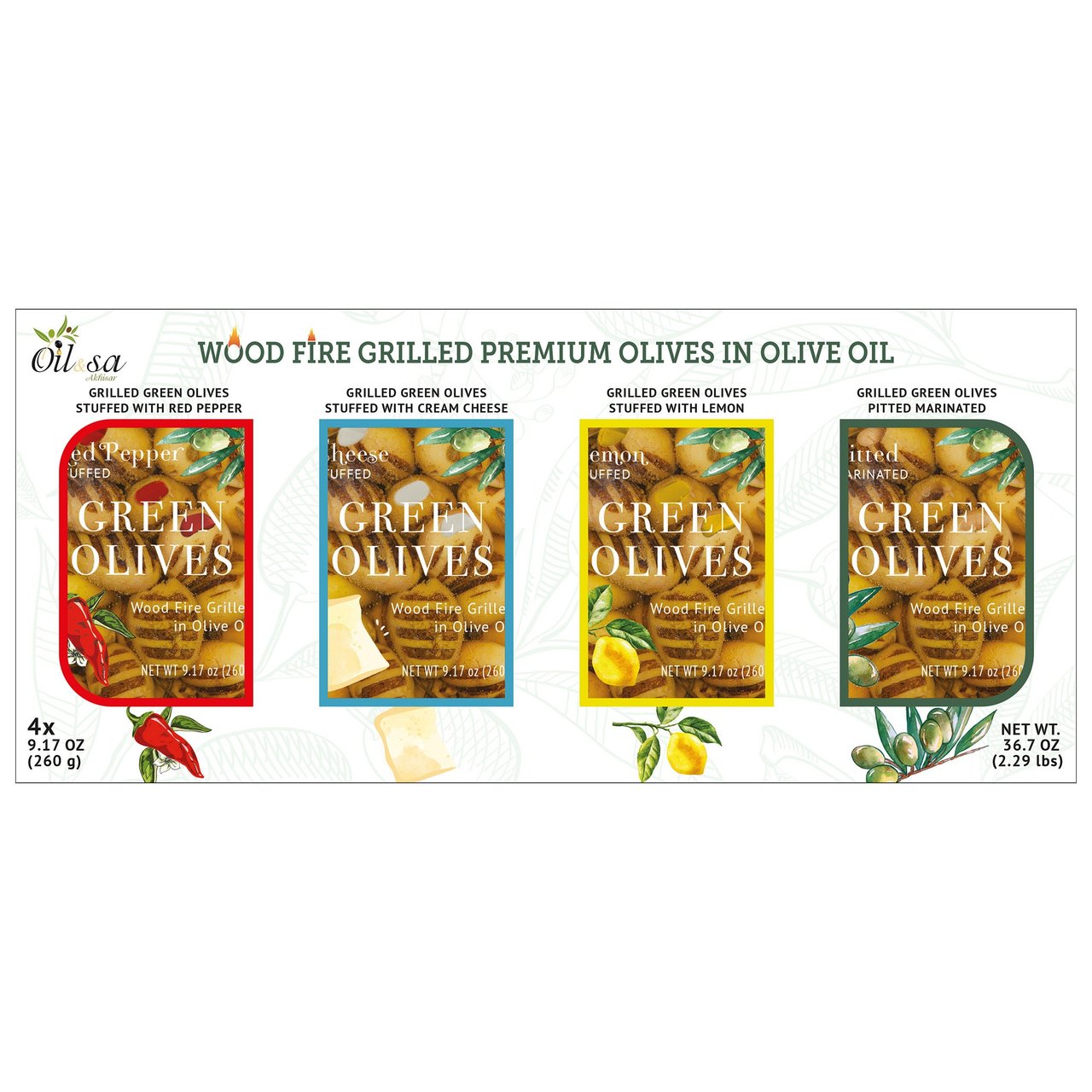 Oil & Sa Wood Fire Grilled Green Olives Variety Pack, 4 x 9.17 oz - Image 1