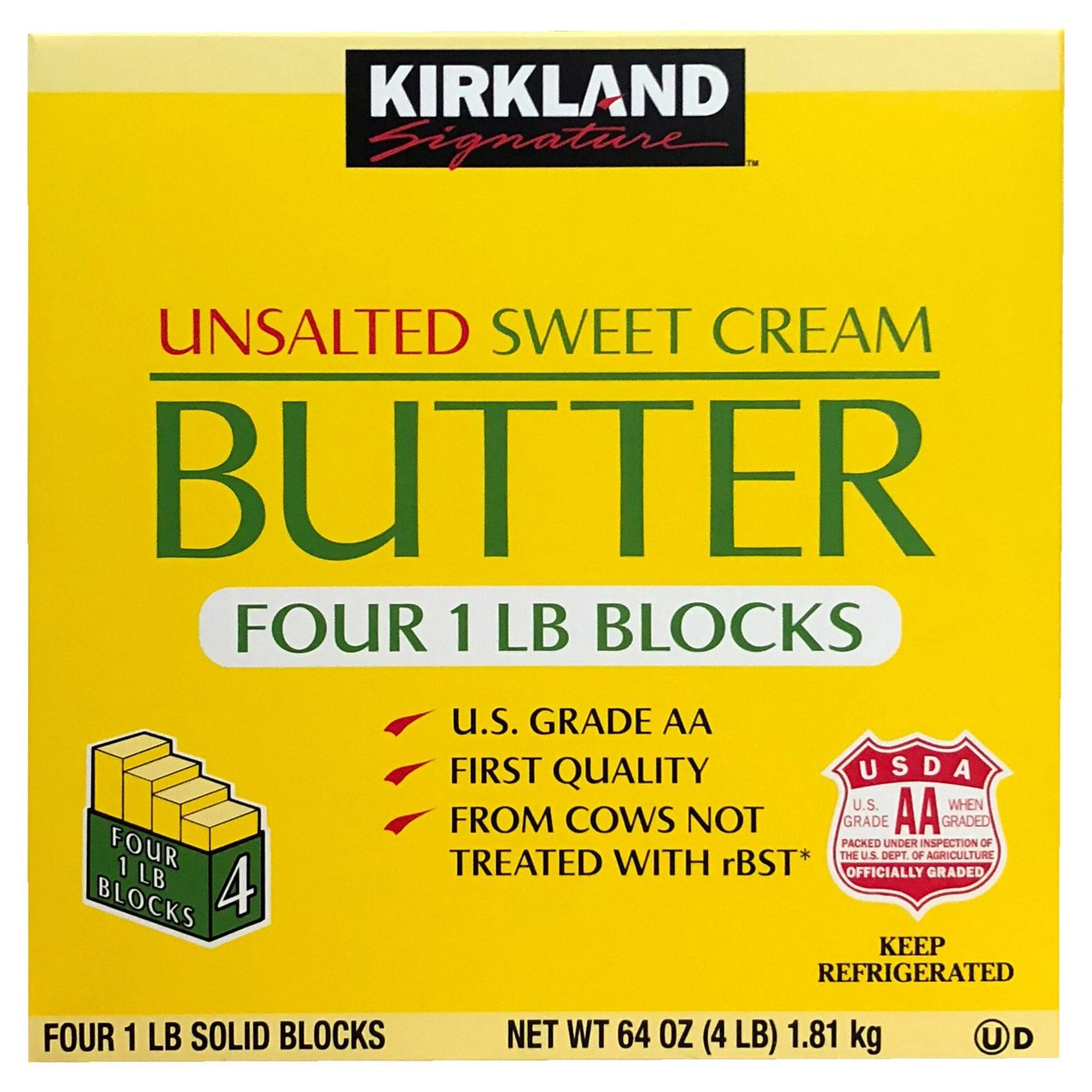 Costco Kirkland Signature Unsalted Sweet Cream Butter, Four 1-lb Blocks ...