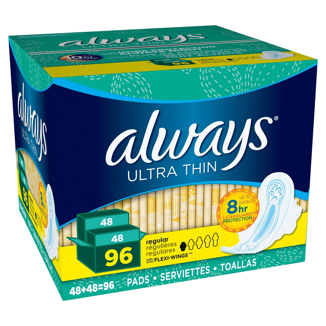 Always Ultra Thin Regular Pads, Unscented with Wings, 96 Count - Image 1