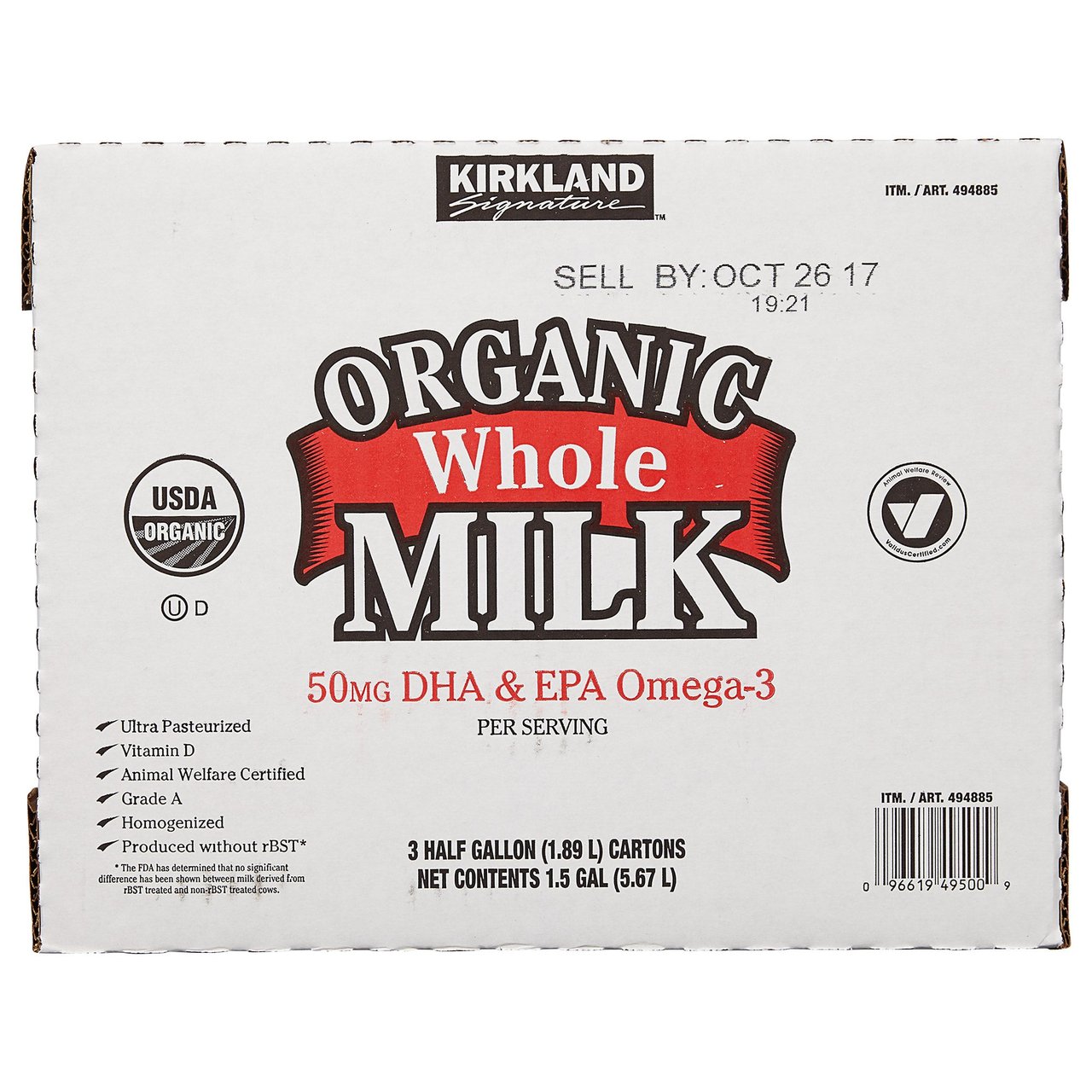 KIRKLAND SIGNATURE ORGANIC WHOLE MILK 3/64 OZ (6 QUARTS) - Image 1