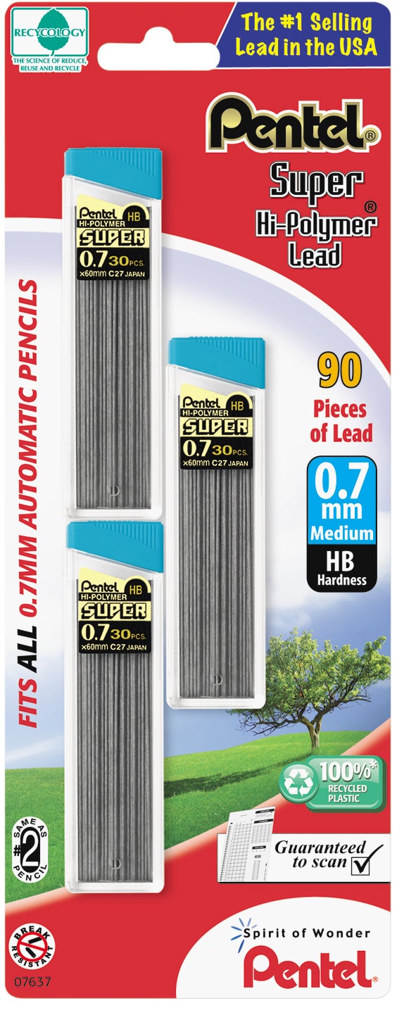 Pentel Super Hi-Polymer .7mm HB Lead Refills, 3-Pack (90 Leads) - Image 1