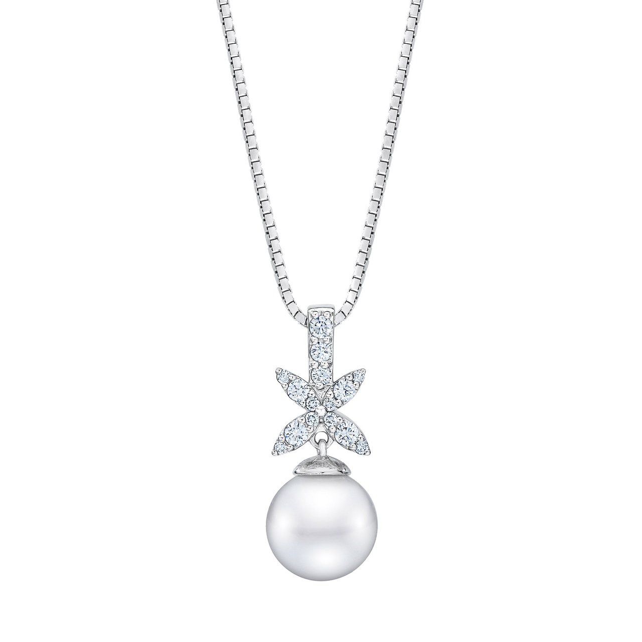 14KT White Gold 0.22 CTW Diamond 9-10MM Freshwater Cultured Pearl Necklace - Image 1