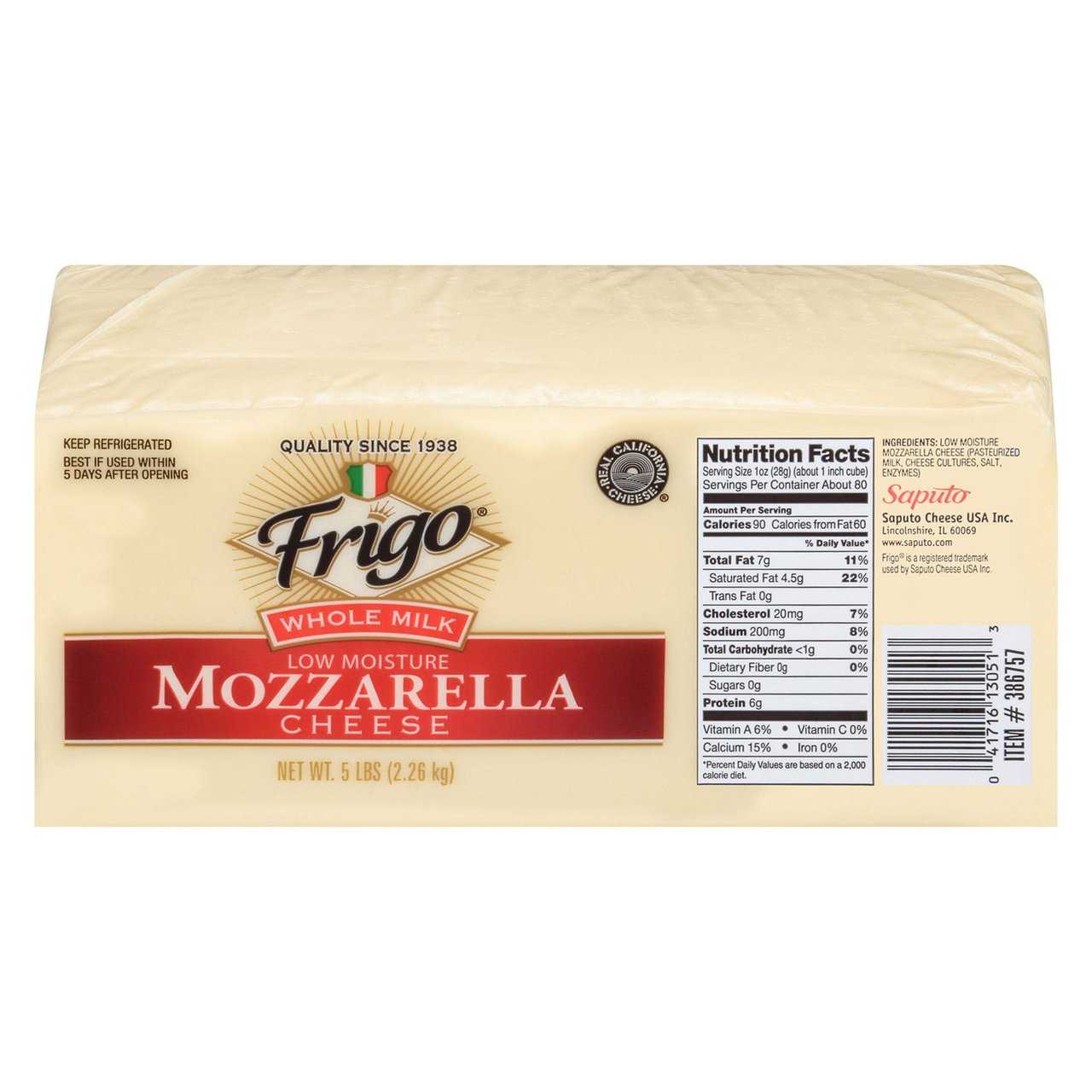 Frigo Whole Milk Mozzarella Loaf 80 oz (5 lbs) - Image 1
