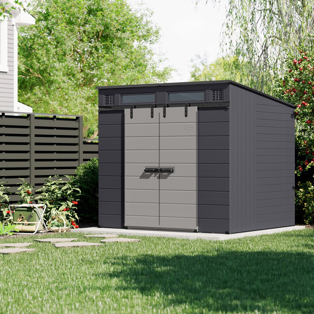 Suncast Modernist 8' x 7' Dual Barn Door Storage Shed - Image 1