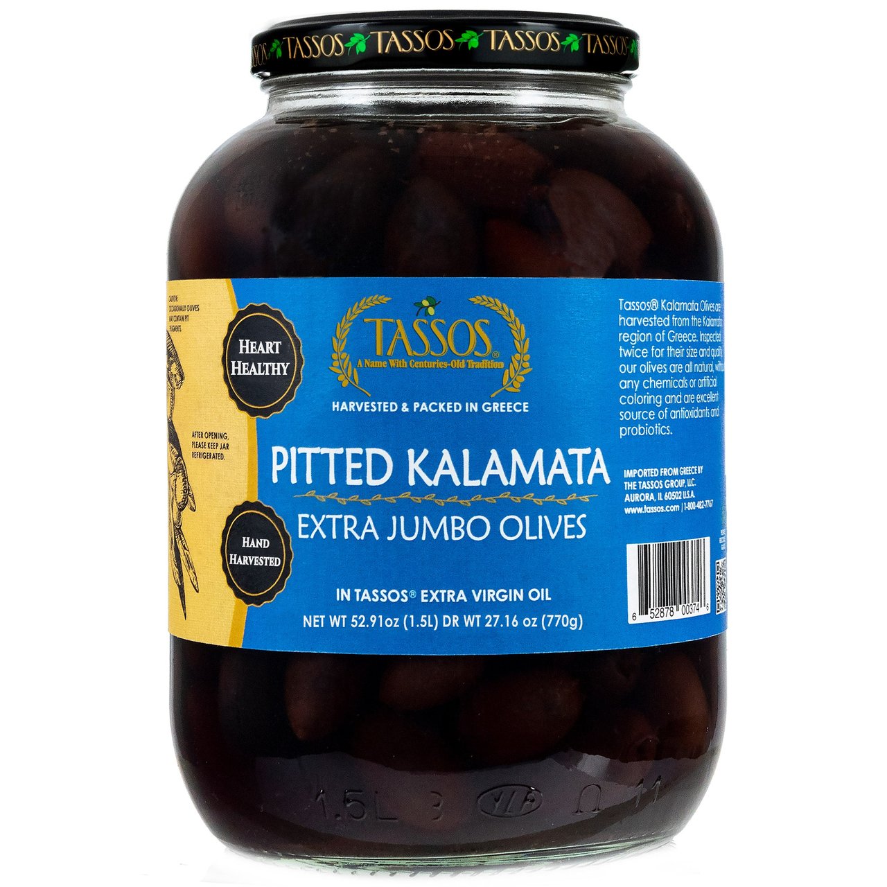 Tassos Pitted Kalamata Extra Large Greek Olives 52.9 Ounce Jar - Image 1