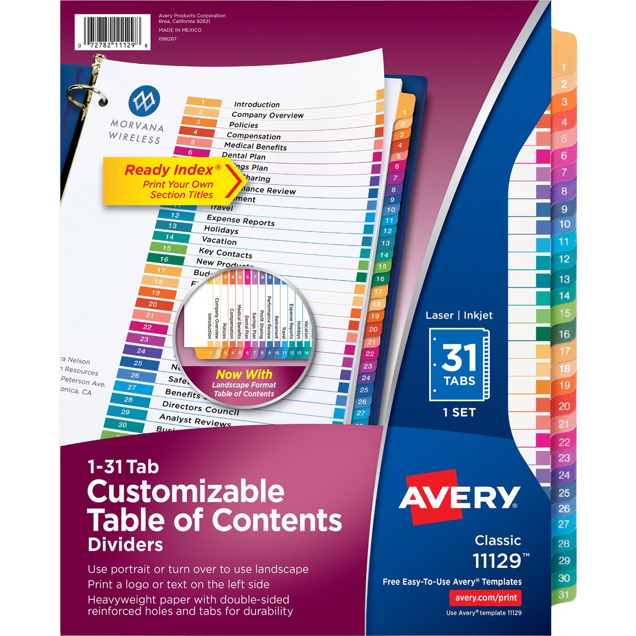 Avery Ready Index Table of Contents Dividers AVE11129KT, 1-31 Tabs, 3-Count - Image 1
