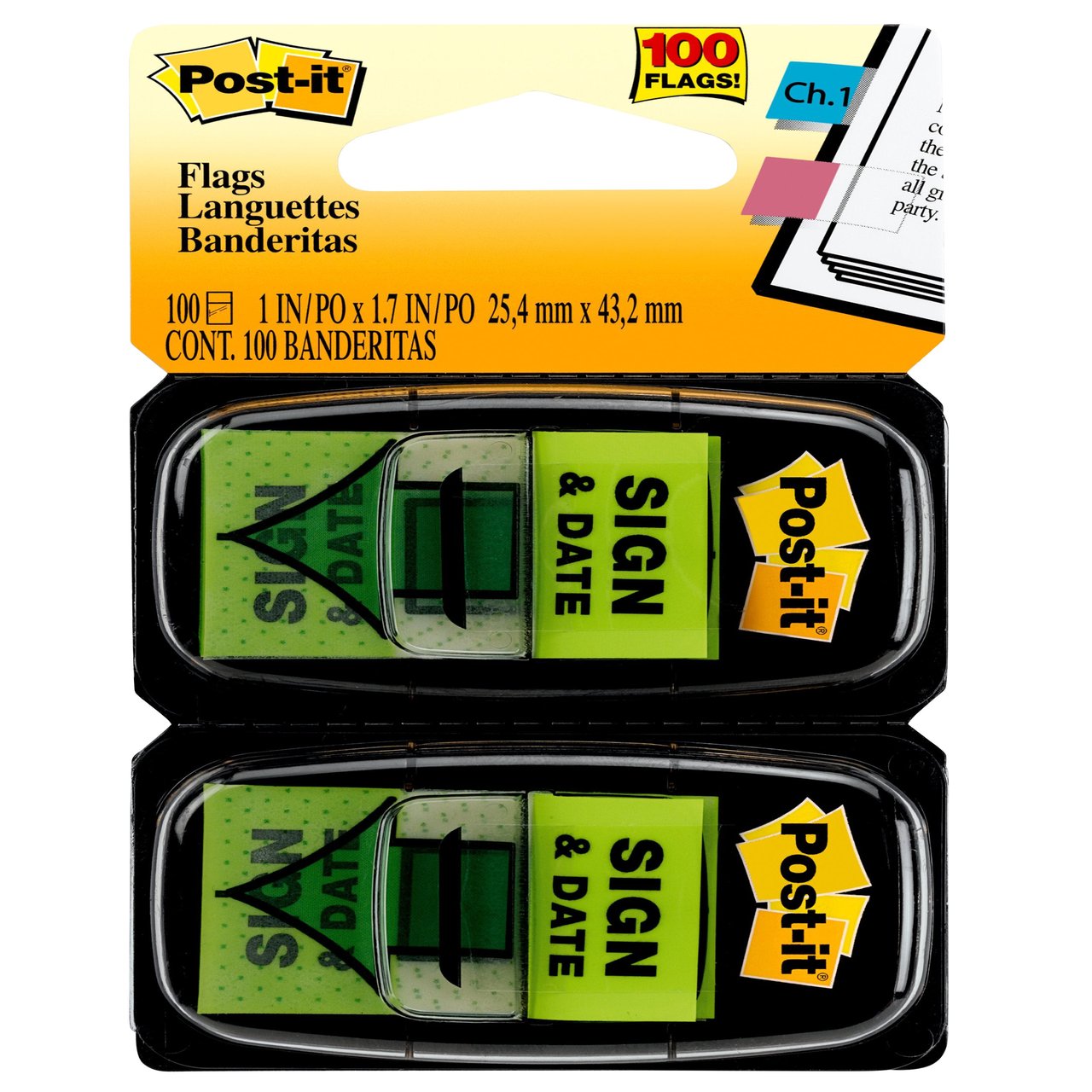 Post-it Sign & Date Flag Dispenser, Green, 300 Count