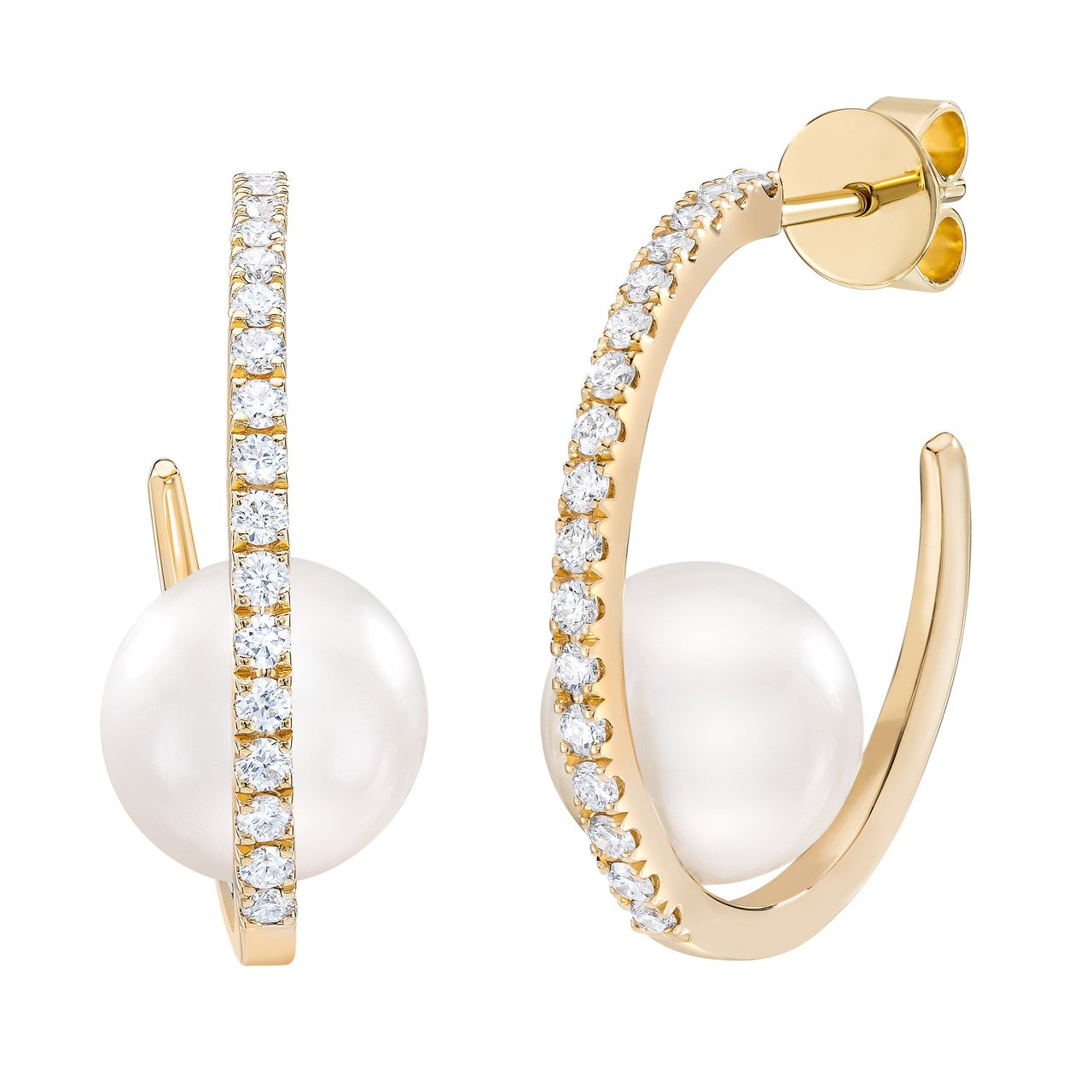 14KT Gold & Diamond Freshwater Cultured Pearl 8mm Earrings - Image 1