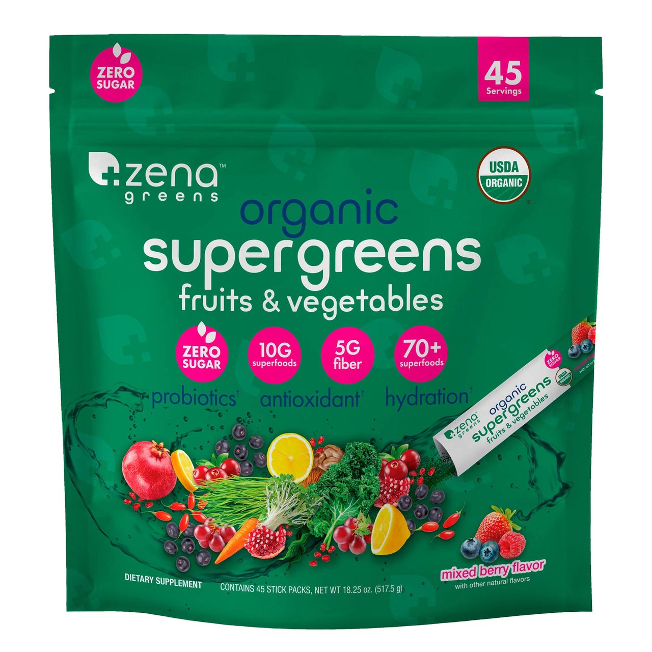 Zena Organic Super Greens 11.5g Stick Pack, 45 Count - Image 1
