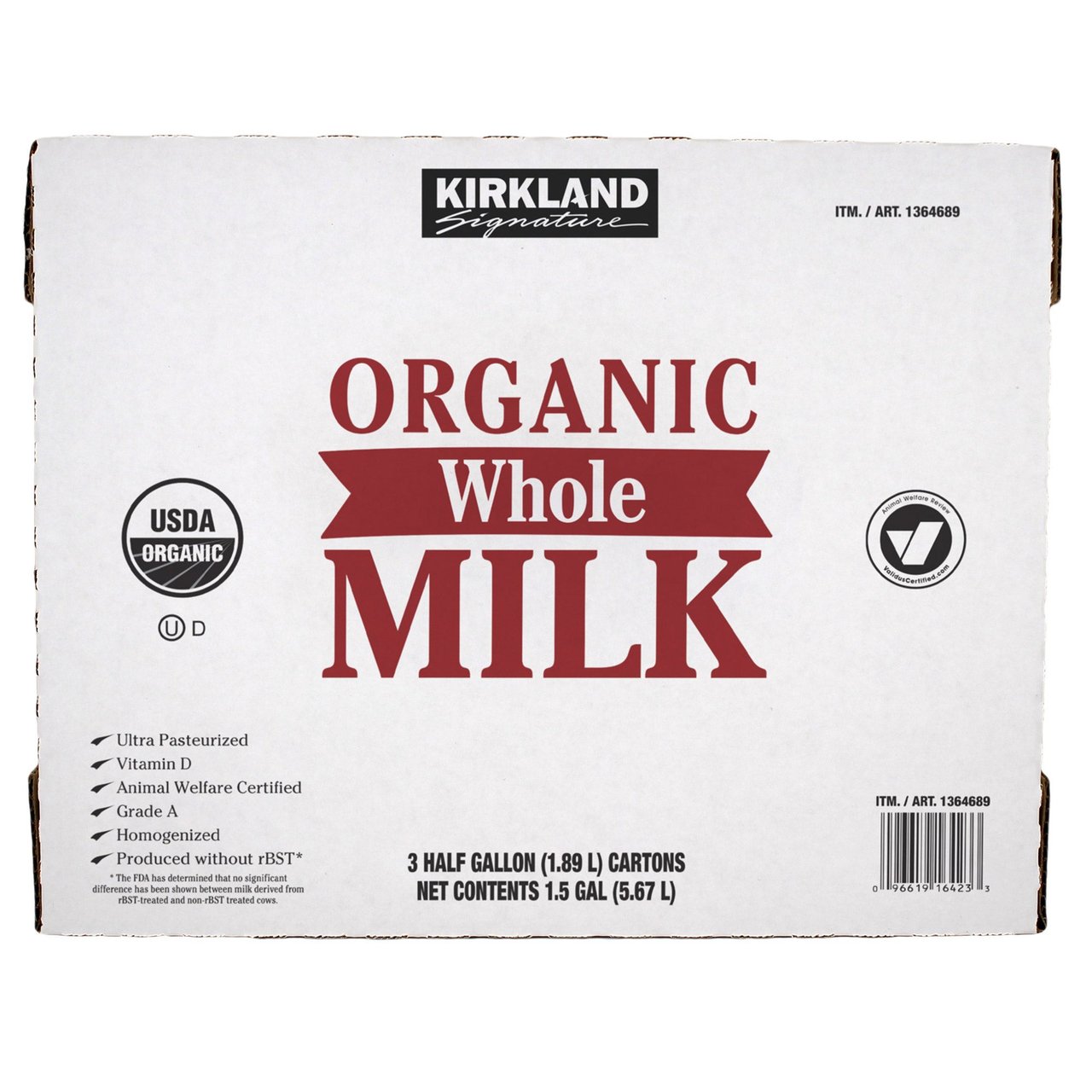 Kirkland Signature Organic Whole Milk 3/64 Ounce Cartons - Image 1