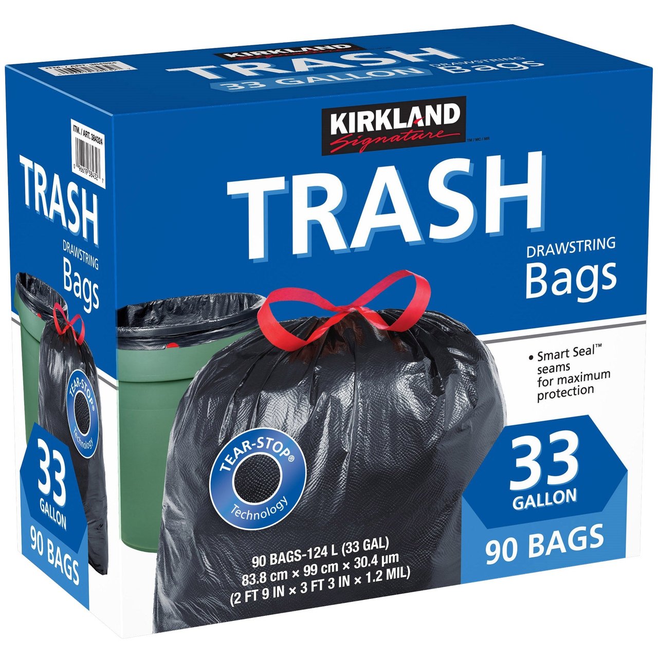Kirkland Signature 33 Gallon Drawstring Trash Bags, 90 Count, 1.2 Mil - Image 1