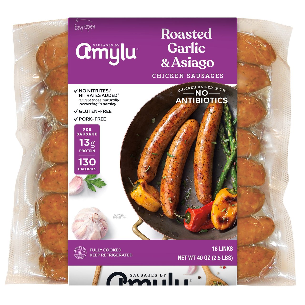 Amylu Roasted Garlic & Asiago Chicken Sausages, 2.5 lbs (16 Links) - Image 1