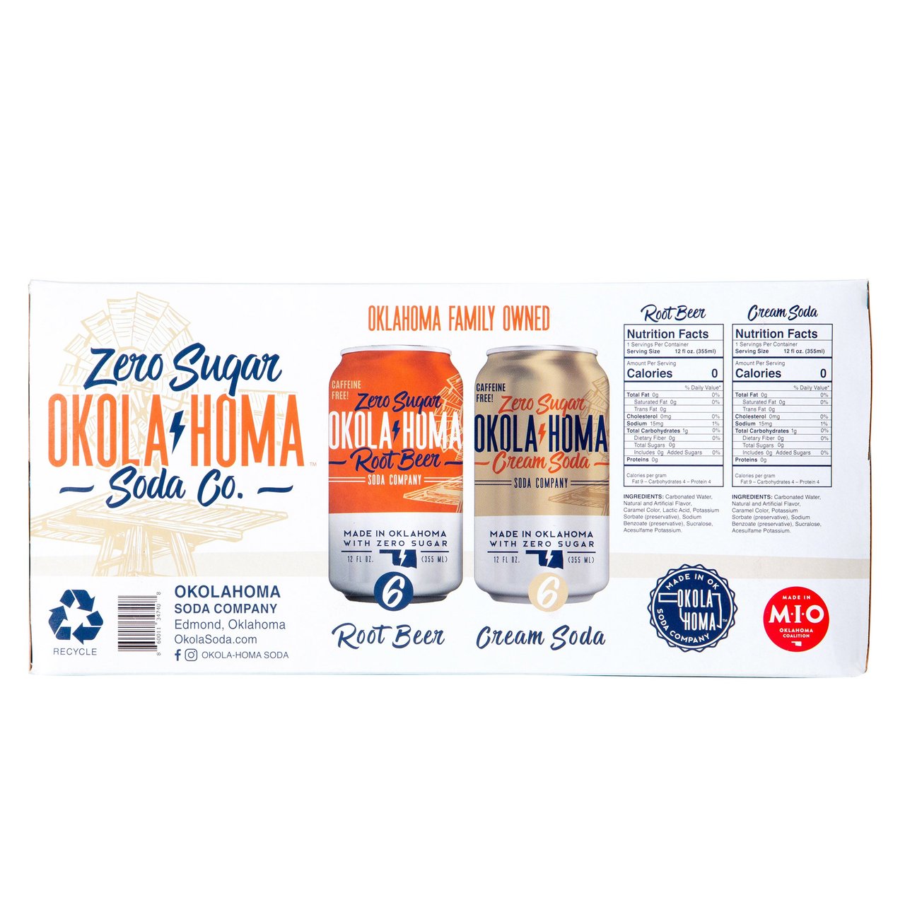 Okolahoma Zero Sugar Soda Variety Pack, Root Beer & Cream Soda, 12-Count, 12 fl oz Cans